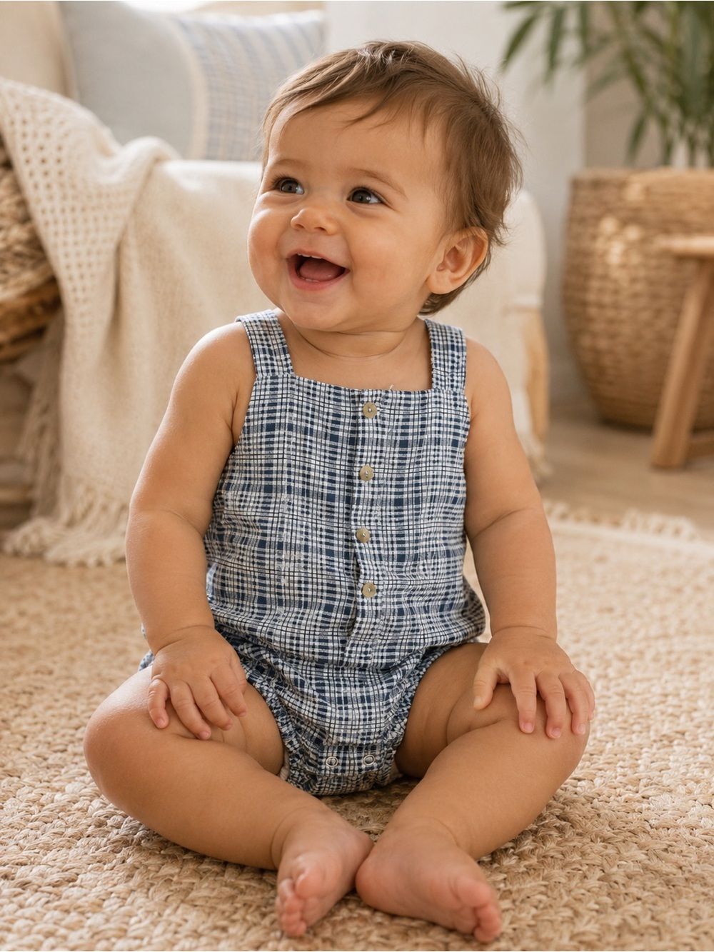 Kate Quinn Blue Plaid 100% Organic Cotton One Piece 18-24M Cottage Prairie Beach